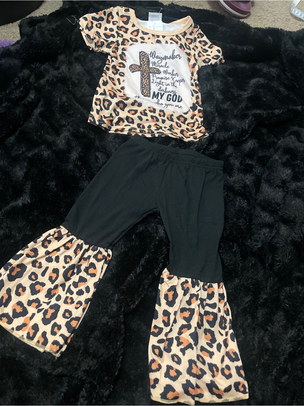 Leopard Cross Graphic Top & Bell-Bottom Pants Set - Tan/Black 6-12 month